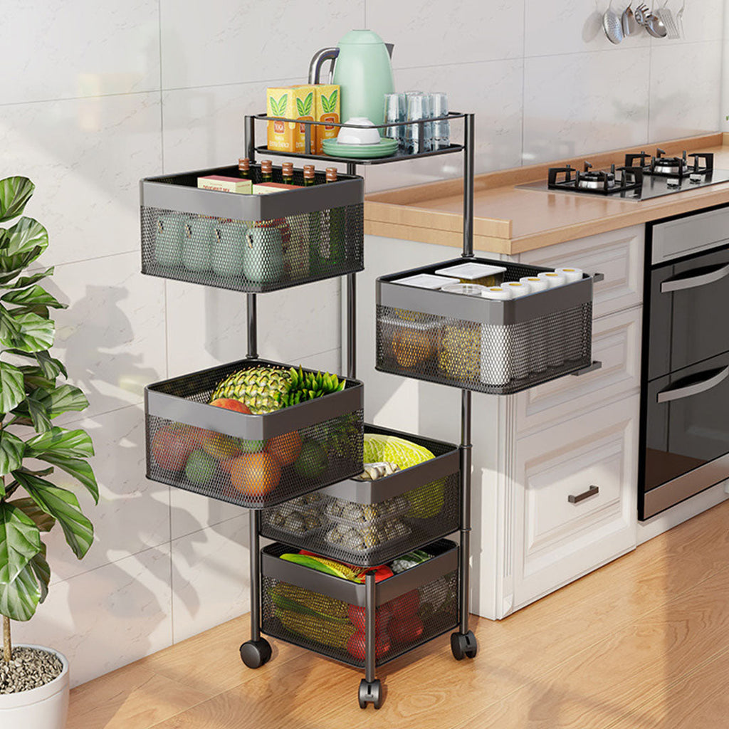 SOGA 2X 5 Tier Steel Square Rotating Kitchen Cart Multi-Functional Shelves Storage Organizer with Wheels
