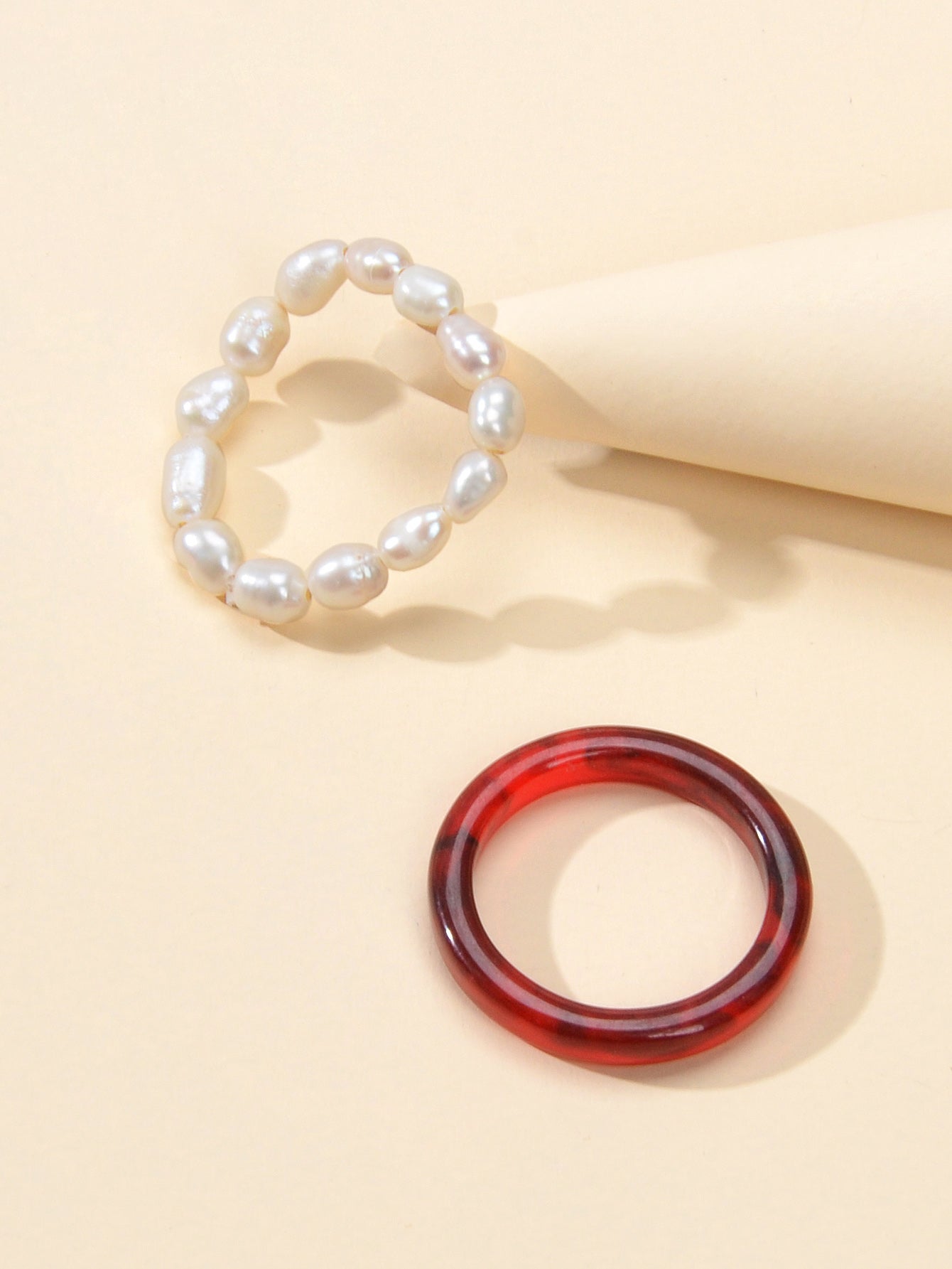 Feelontop 2pcs Pearl Elastic Retro Green Red Acrylic Ring New Women Accessories