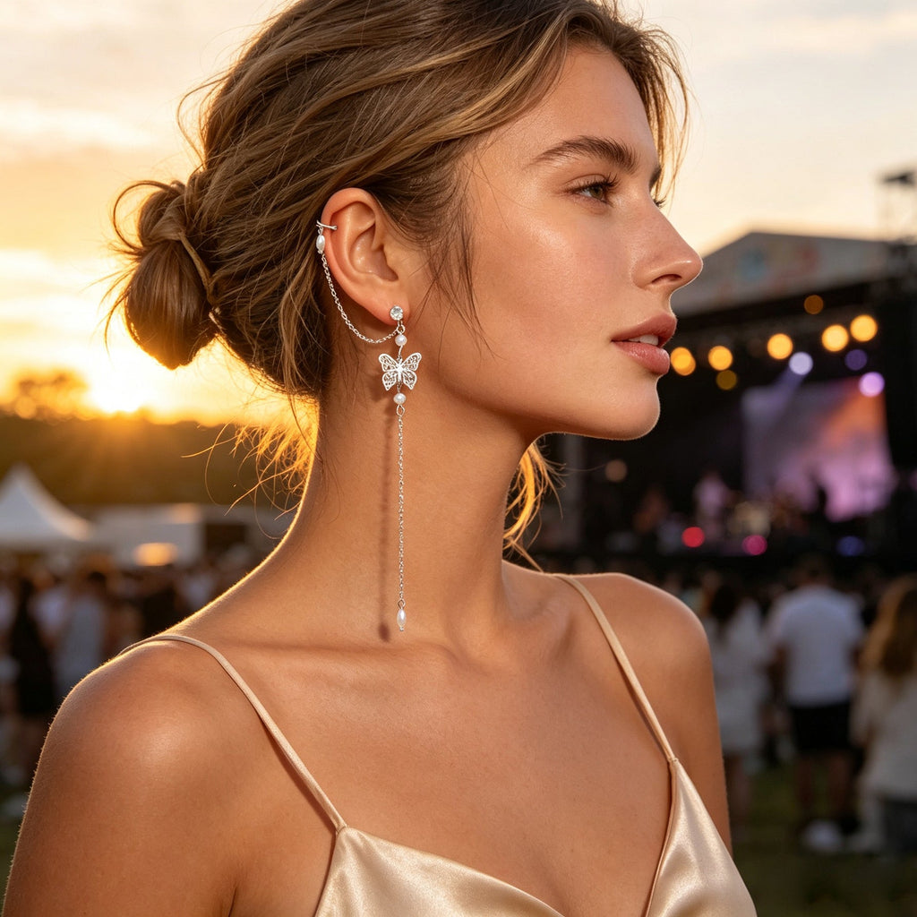1 pc Butterfly Long Fringe Chain Ear Cuff Climber Earring Imitation Pearl Decor Elegant Prom Party Jewelry