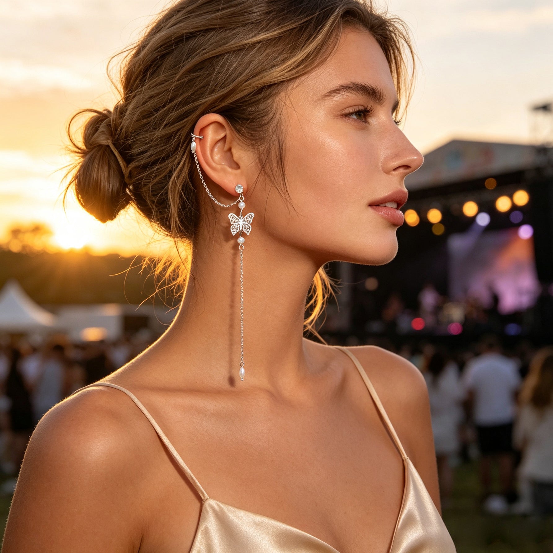 1 pc Butterfly Long Fringe Chain Ear Cuff Climber Earring Imitation Pearl Decor Elegant Prom Party Jewelry