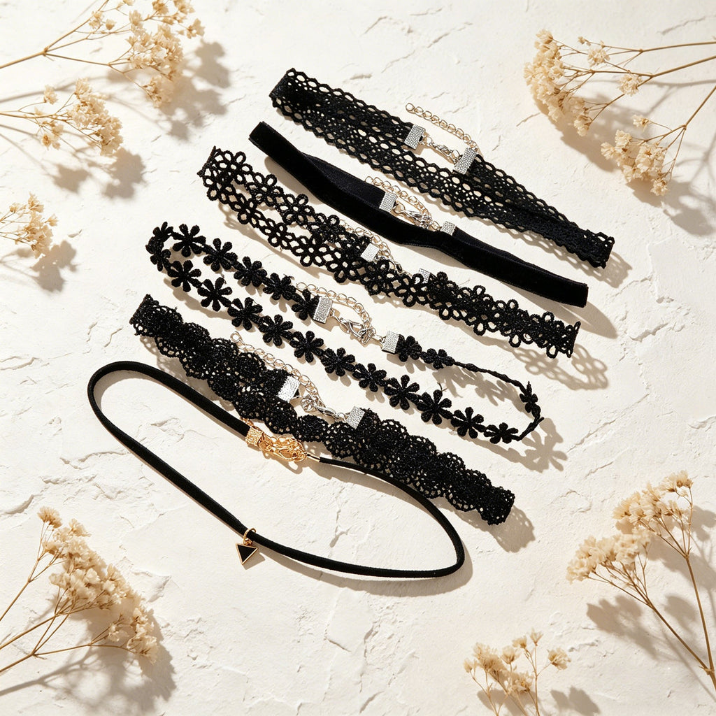 6 pcs Black Flower Velvet Choker Set Classic Gothic Tattoo 90s Collar Lace Jewel