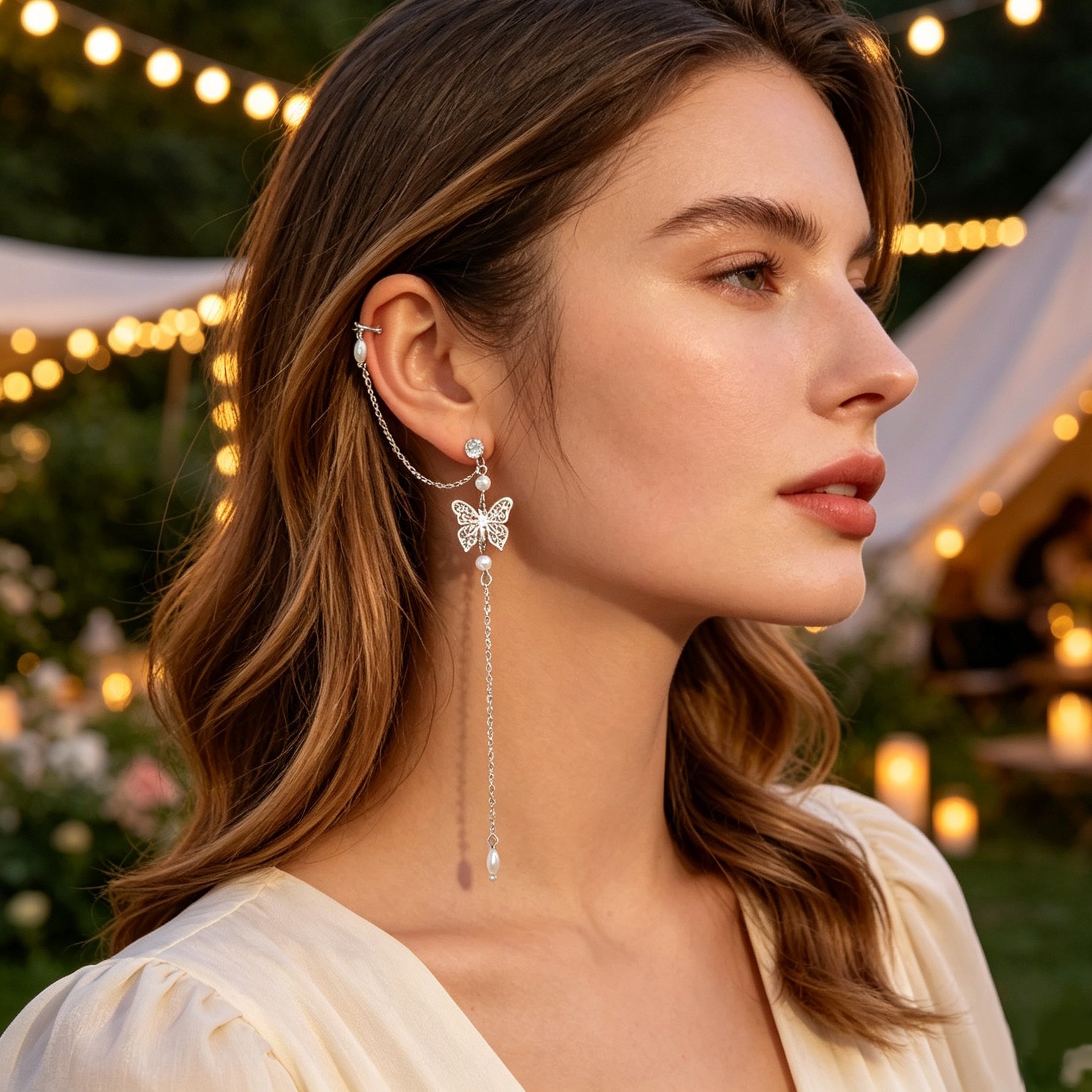 1 pc Butterfly Long Fringe Chain Ear Cuff Climber Earring Imitation Pearl Decor Elegant Prom Party Jewelry