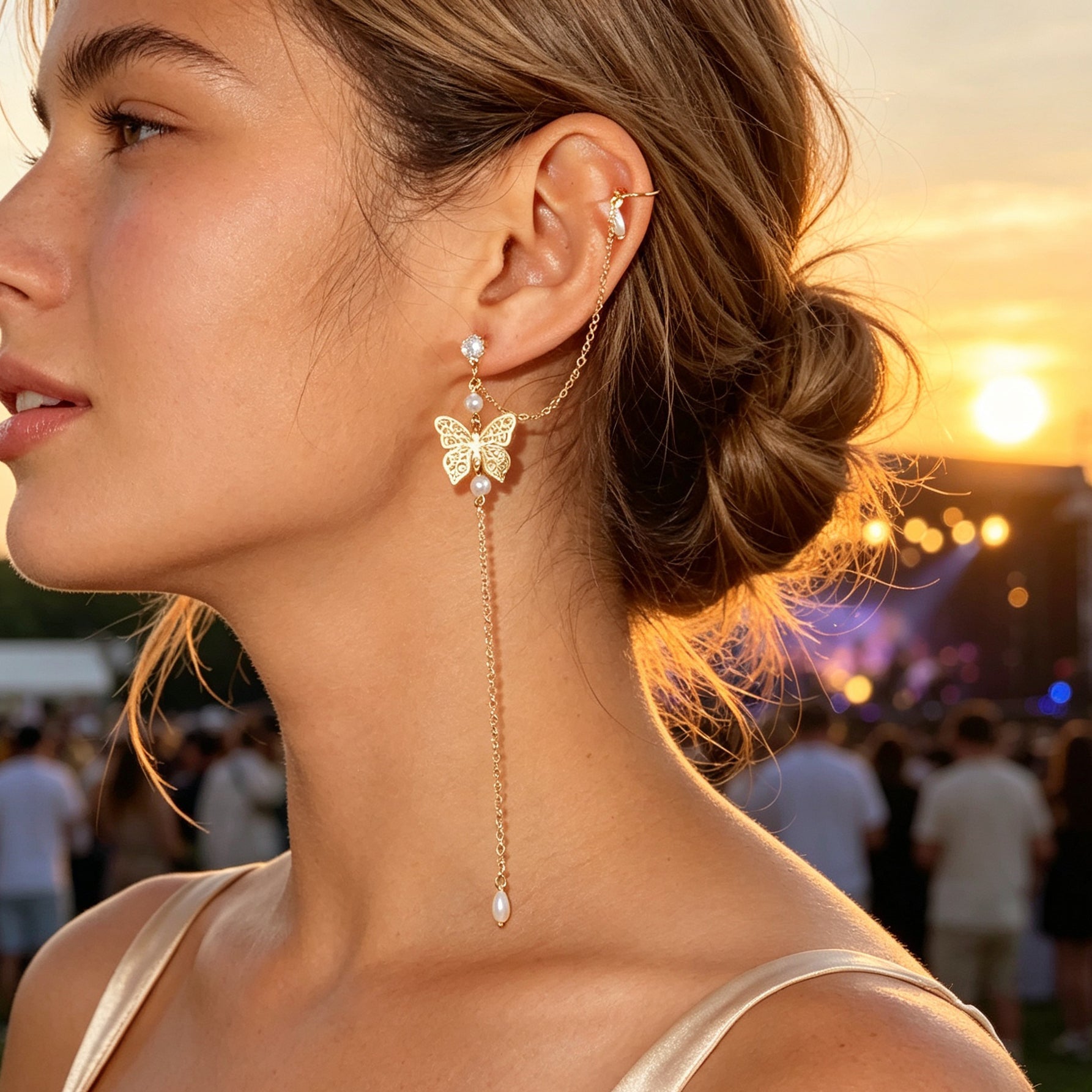1 pc Butterfly Long Fringe Chain Ear Cuff Climber Earring Imitation Pearl Decor Elegant Prom Party Jewelry