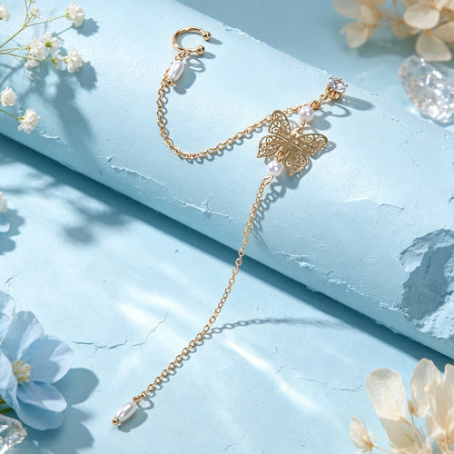 1 pc Butterfly Long Fringe Chain Ear Cuff Climber Earring Imitation Pearl Decor Elegant Prom Party Jewelry