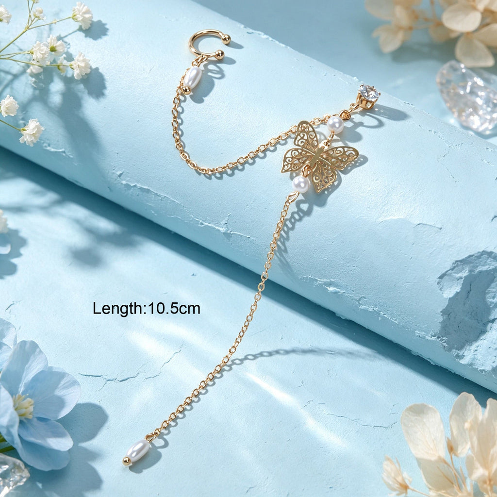 1 pc Butterfly Long Fringe Chain Ear Cuff Climber Earring Imitation Pearl Decor Elegant Prom Party Jewelry