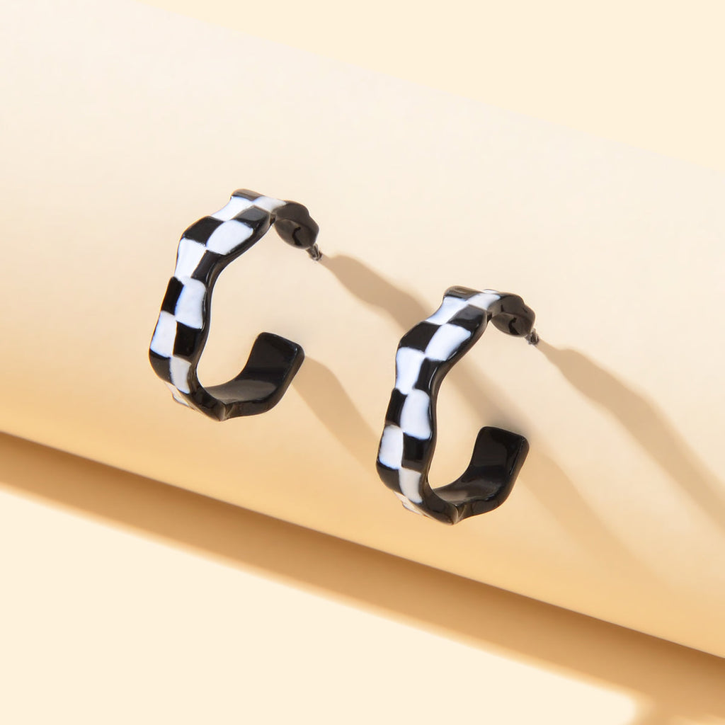 Unique 90s Vintage C Shaped Grid Black White Checkerboard Huggie Hoop Earrings