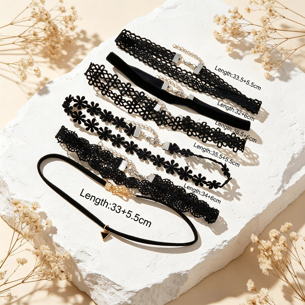 6 pcs Black Flower Velvet Choker Set Classic Gothic Tattoo 90s Collar Lace Jewel
