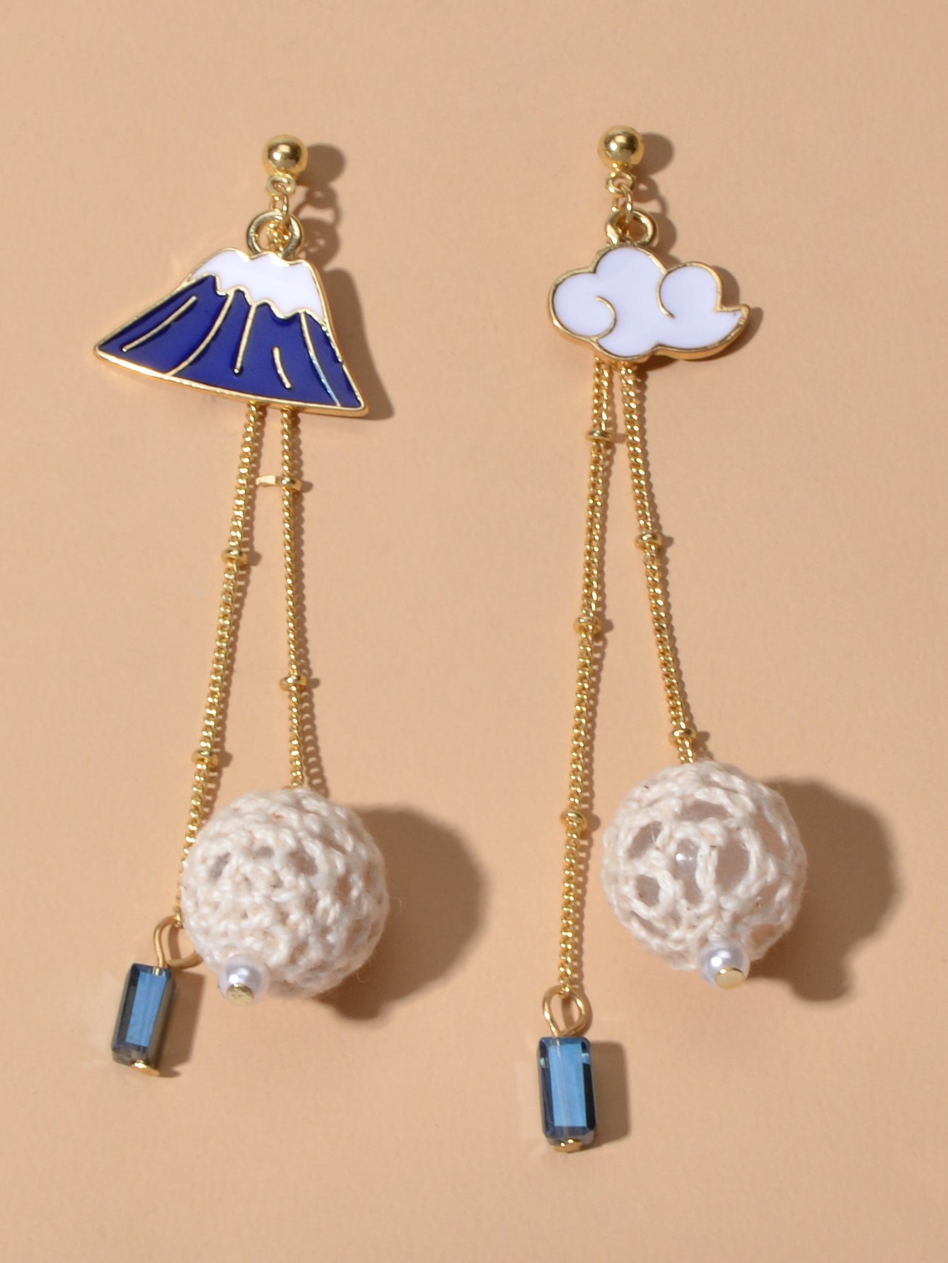 Creative Asymmetric Design Gold Chain Ball White Blue Cloud Mountain Earrings