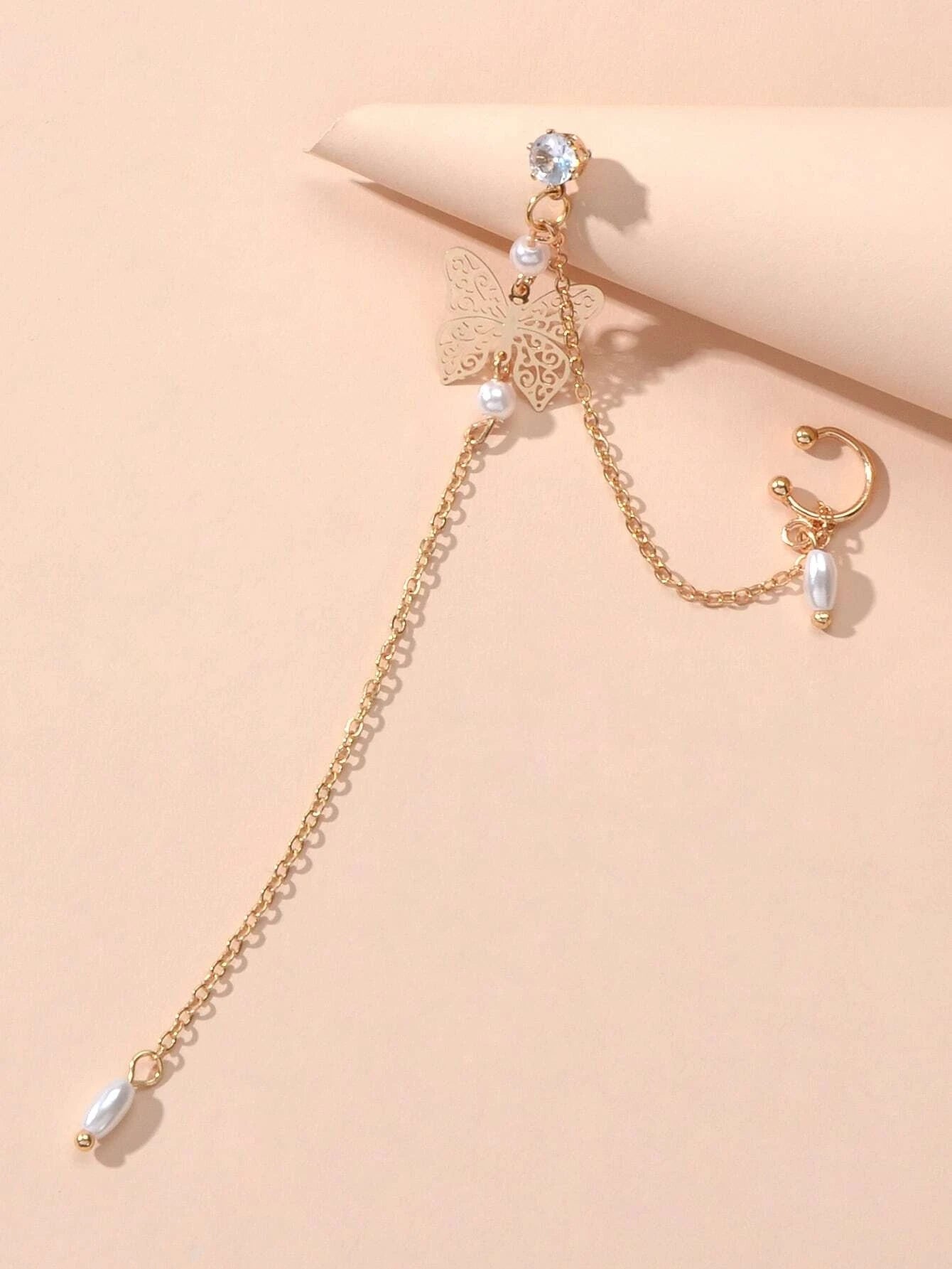1pc Crystal Pearl Butterfly Long Chain Cartilage Stud Earring Stunning Ear Cuff