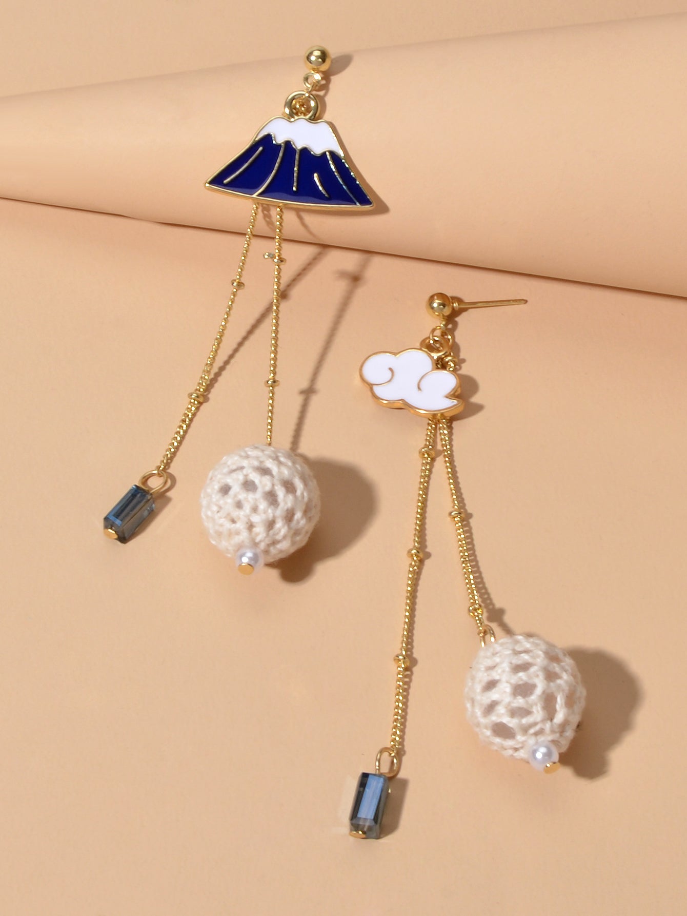 Creative Asymmetric Design Gold Chain Ball White Blue Cloud Mountain Earrings