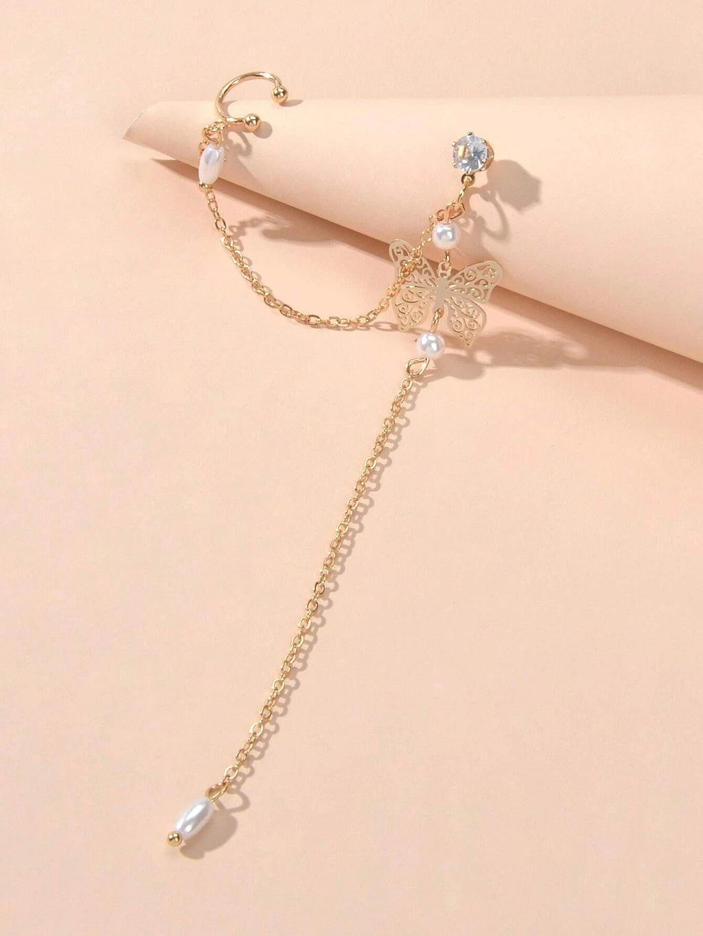 1pc Crystal Pearl Butterfly Long Chain Cartilage Stud Earring Stunning Ear Cuff