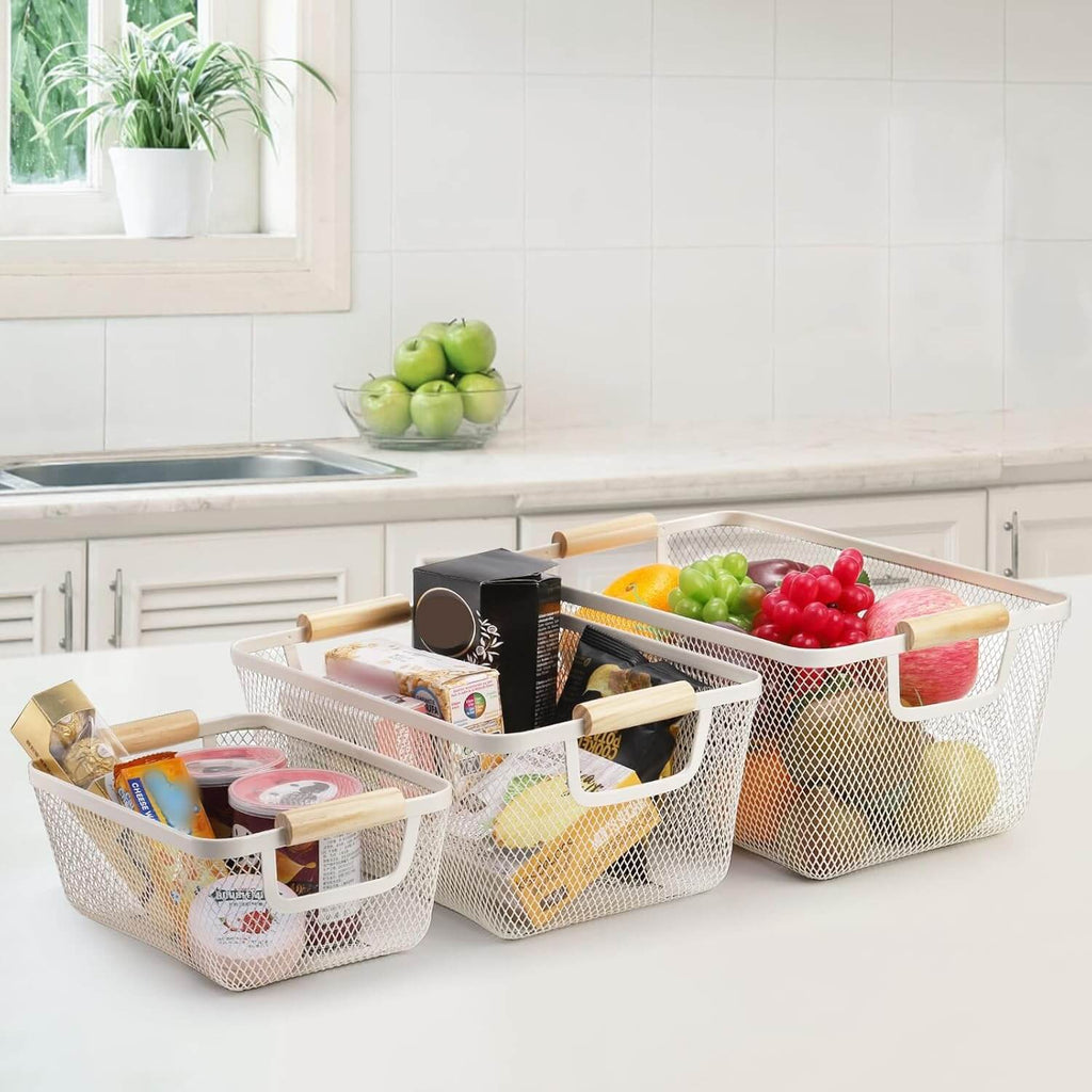 White Mesh Storage Basket with Wooden Handles