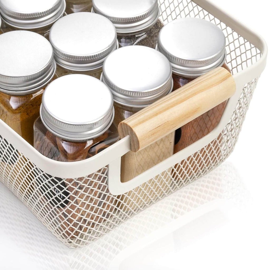 White Mesh Storage Basket with Wooden Handles