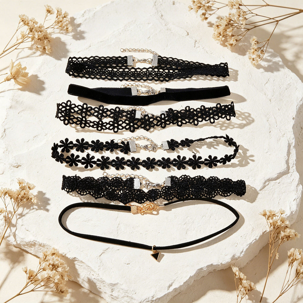 6 pcs Black Flower Velvet Choker Set Classic Gothic Tattoo 90s Collar Lace Jewel