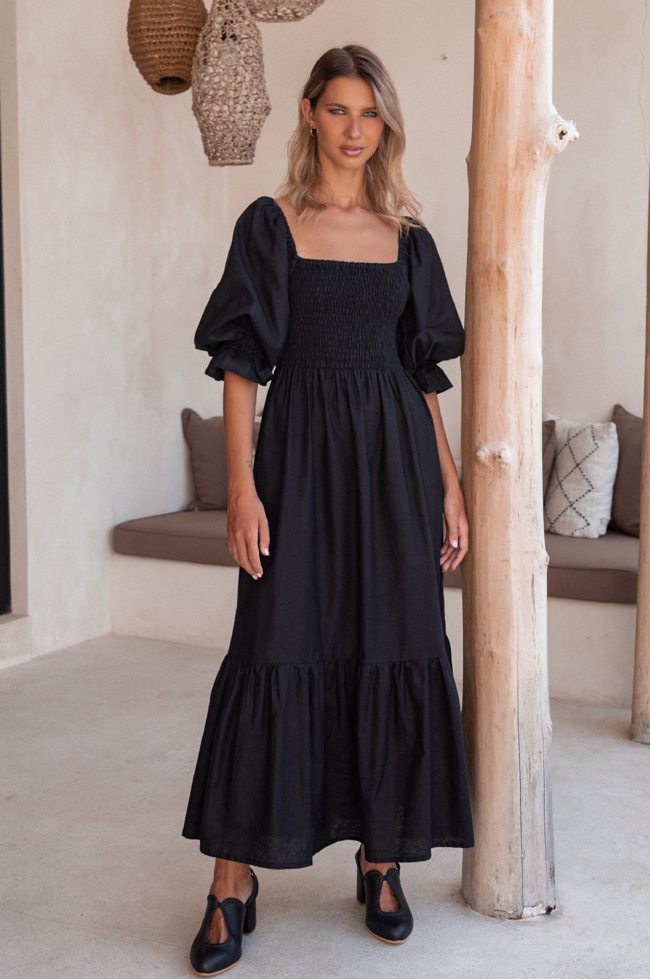 Almeria Smocked Midi Linen Dress