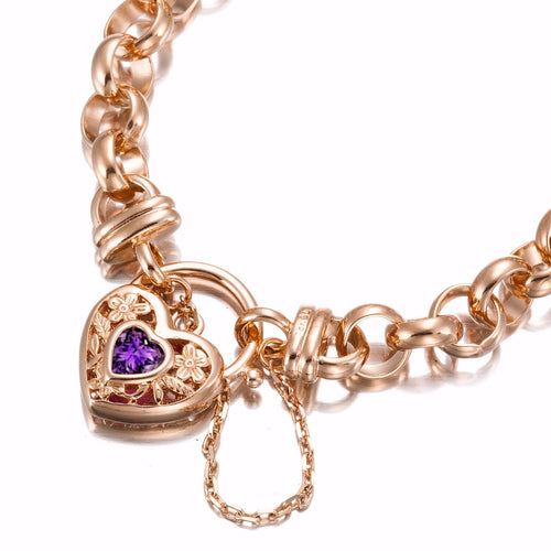 18ct Heavy Rose Gold Plated 10mm Belcher Chain Bracelet with a Purple Filigree Locket - USA Made