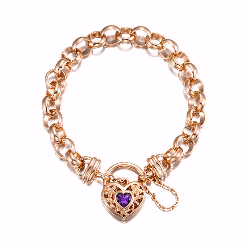18ct Heavy Rose Gold Plated 10mm Belcher Chain Bracelet with a Purple Filigree Locket - USA Made