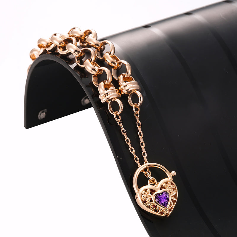 18ct Heavy Rose Gold Plated 10mm Belcher Chain Bracelet with a Purple Filigree Locket - USA Made