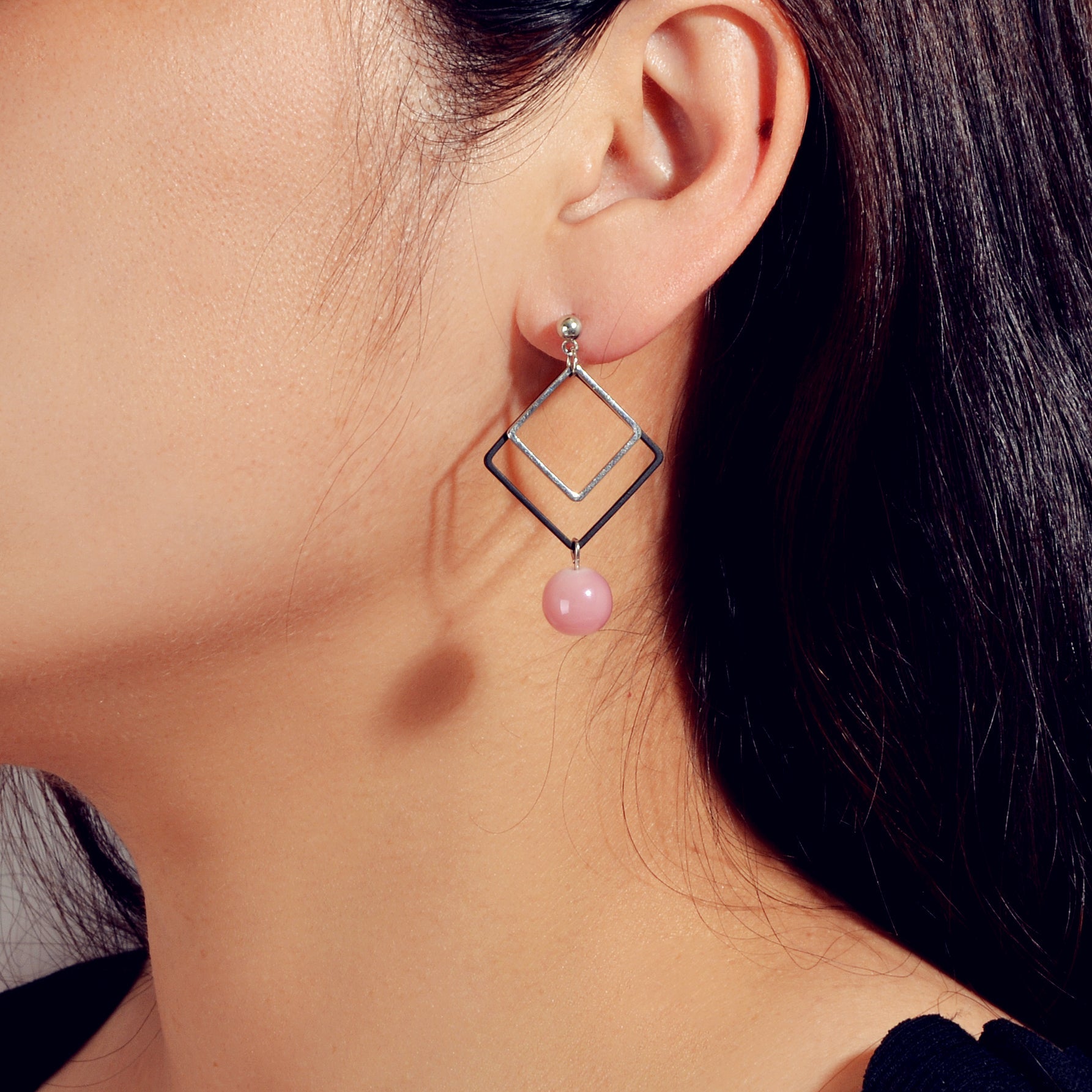 Asymmetric Jewellery Silver Black Square White Pink Beads Dangle Earrings Women