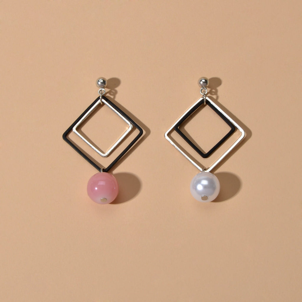 Asymmetric Jewellery Silver Black Square White Pink Beads Dangle Earrings Women