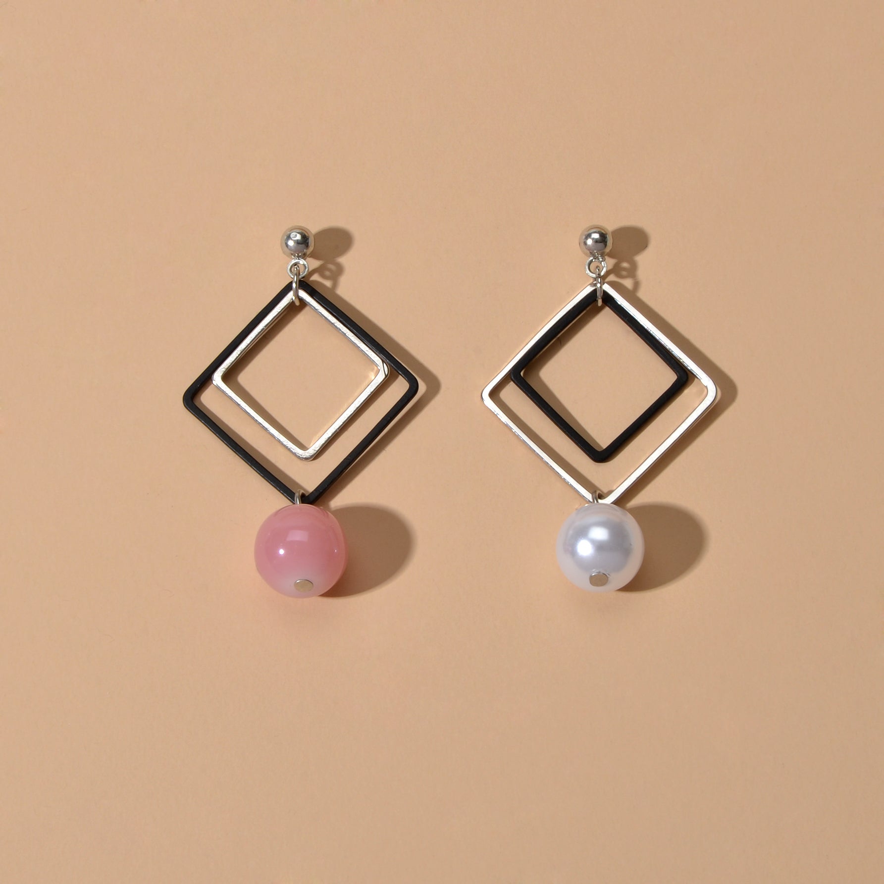 Asymmetric Jewellery Silver Black Square White Pink Beads Dangle Earrings Women