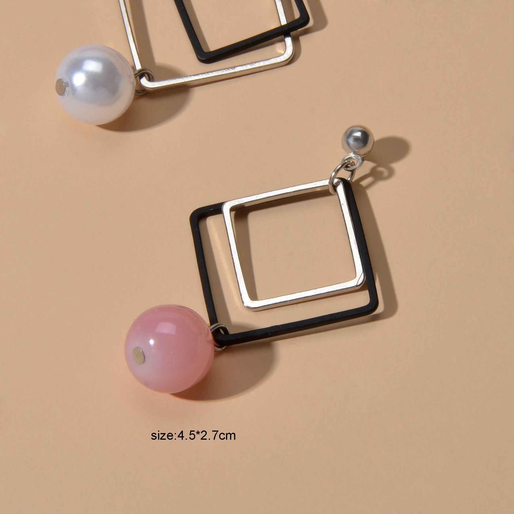 Asymmetric Jewellery Silver Black Square White Pink Beads Dangle Earrings Women