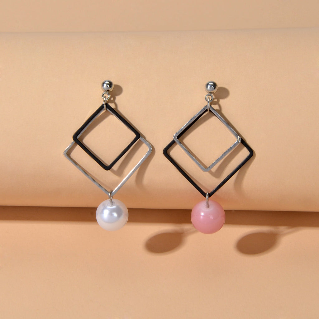 Asymmetric Jewellery Silver Black Square White Pink Beads Dangle Earrings Women