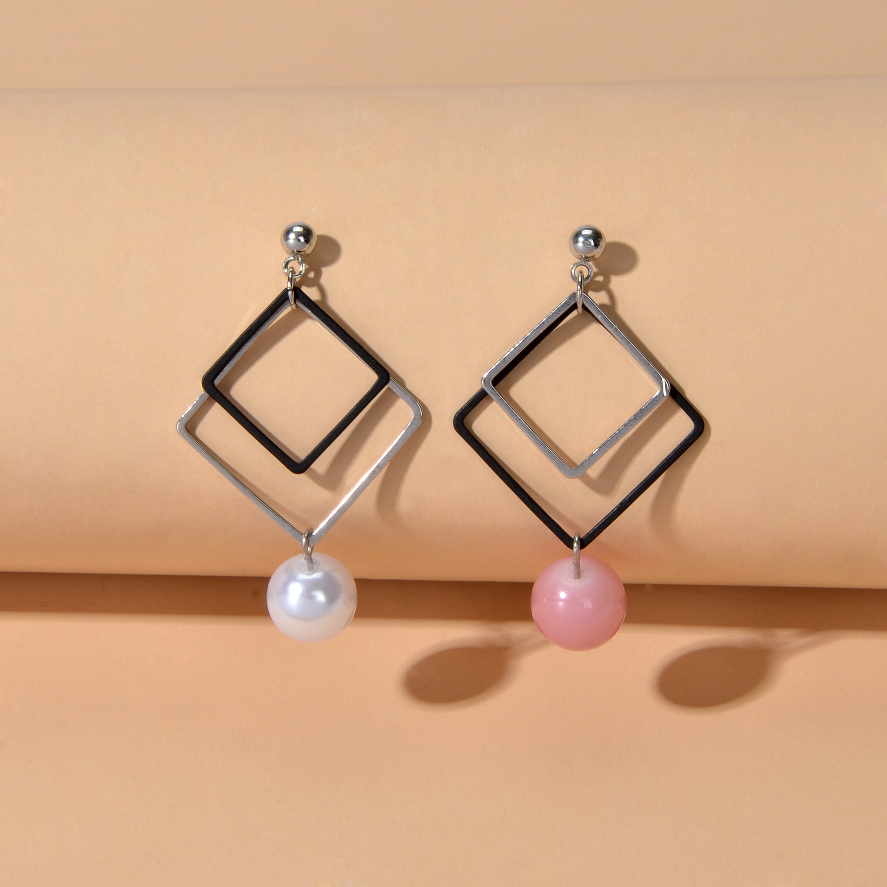 Asymmetric Jewellery Silver Black Square White Pink Beads Dangle Earrings Women