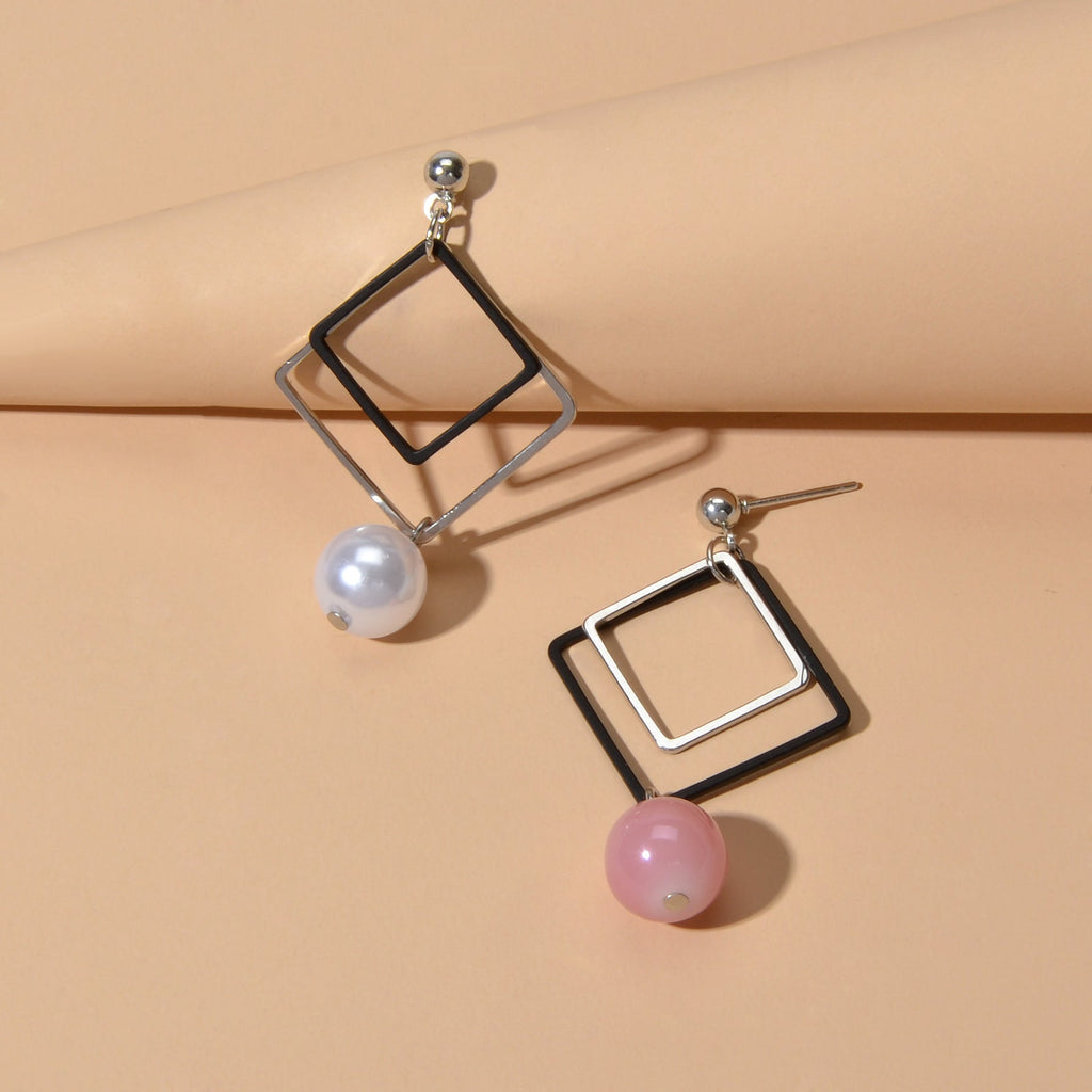 Asymmetric Jewellery Silver Black Square White Pink Beads Dangle Earrings Women