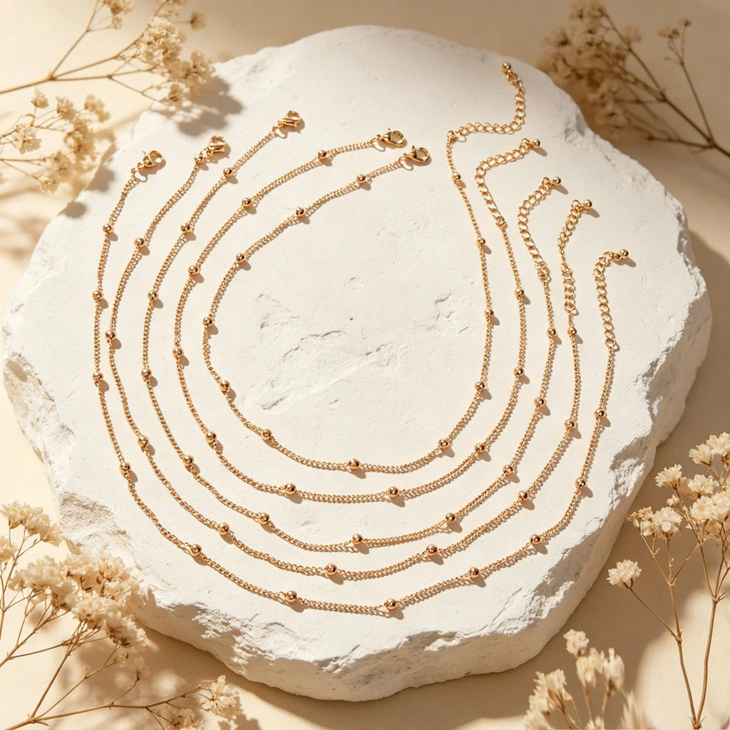 5pcs Gold Beads Chain Layered Necklaces Simple Short Chokers Delicate Jewellery