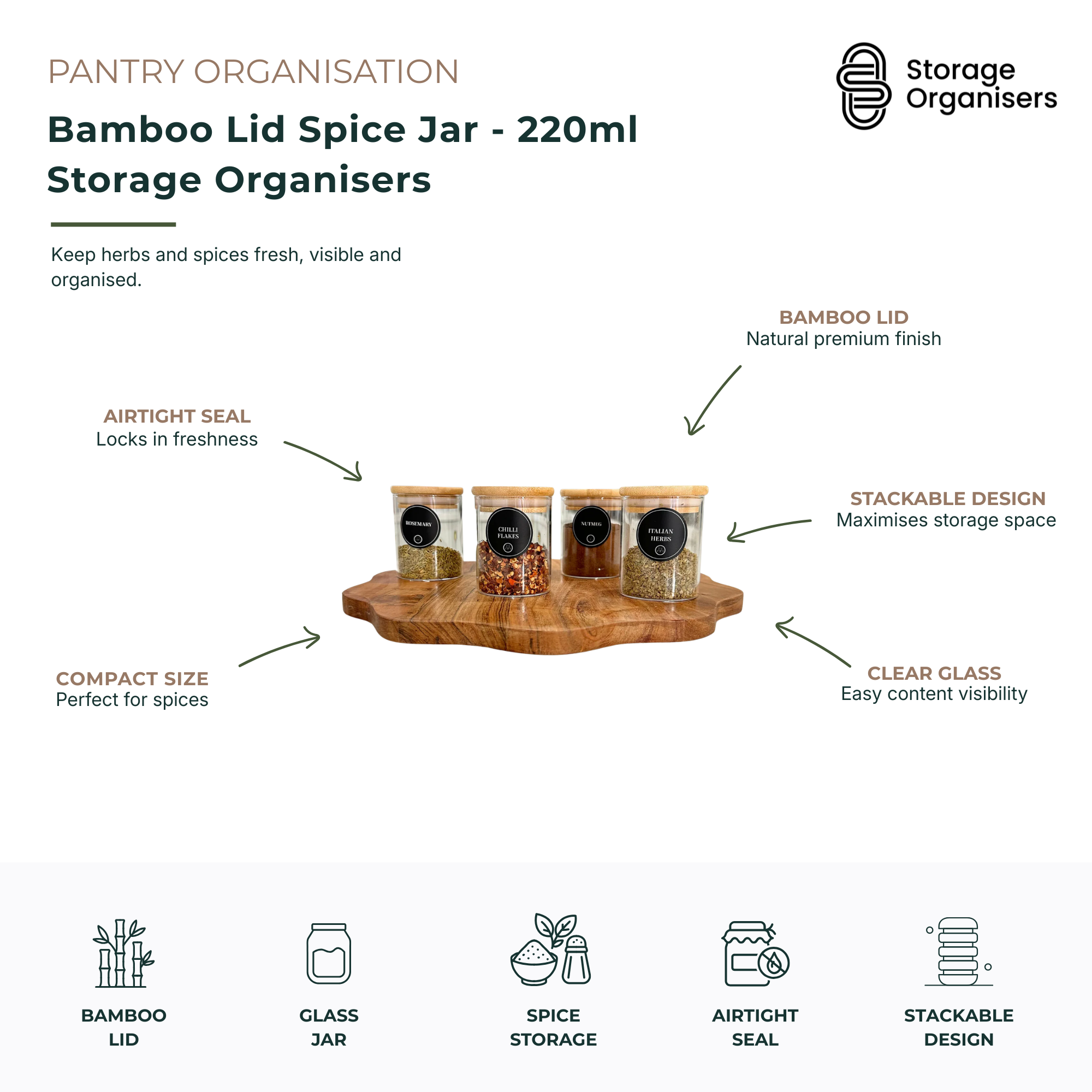 Bamboo Lid Spice Jar - 220ml Storage Organisers