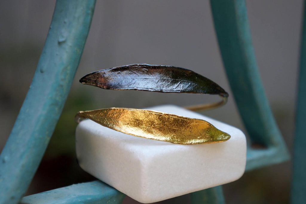 Real Olive Leaf Gold Bracelet, Handmade Nature Inspired Jewelry, Organic Forest Cuff, Gift for Victory & Health, Sterling Silver 925-3