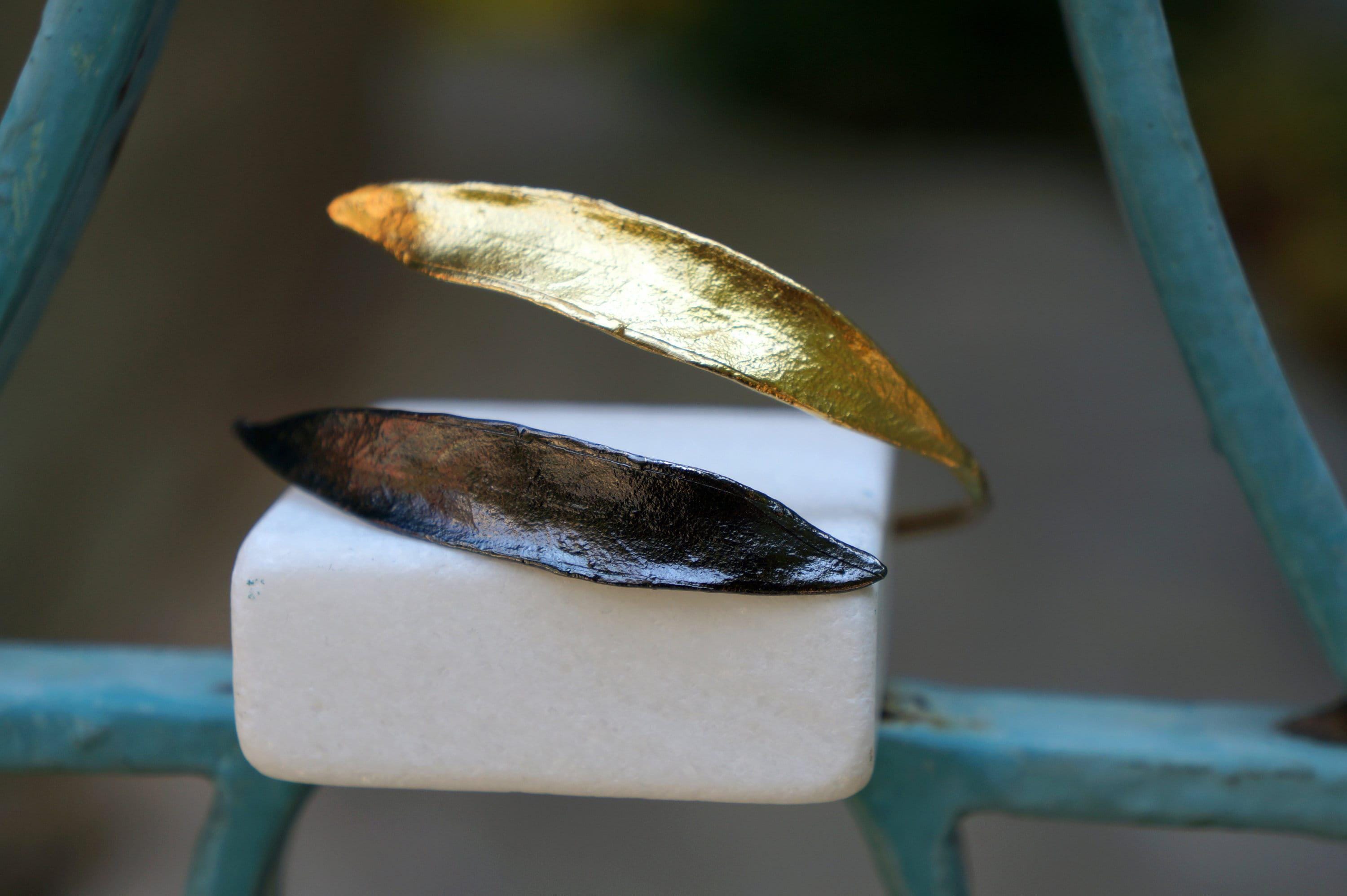 Real Olive Leaf Gold Bracelet, Handmade Nature Inspired Jewelry, Organic Forest Cuff, Gift for Victory & Health, Sterling Silver 925-1