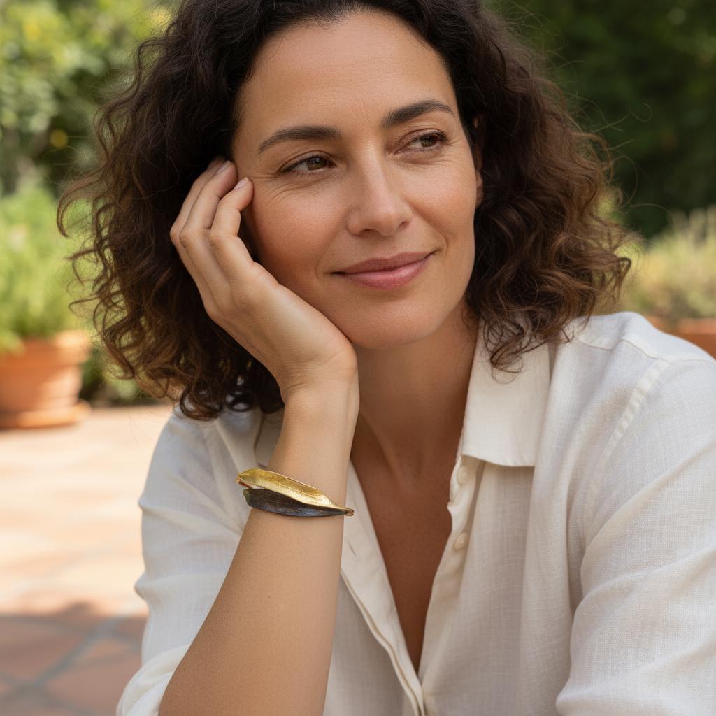 Real Olive Leaf Gold Bracelet, Handmade Nature Inspired Jewelry, Organic Forest Cuff, Gift for Victory & Health, Sterling Silver 925-4
