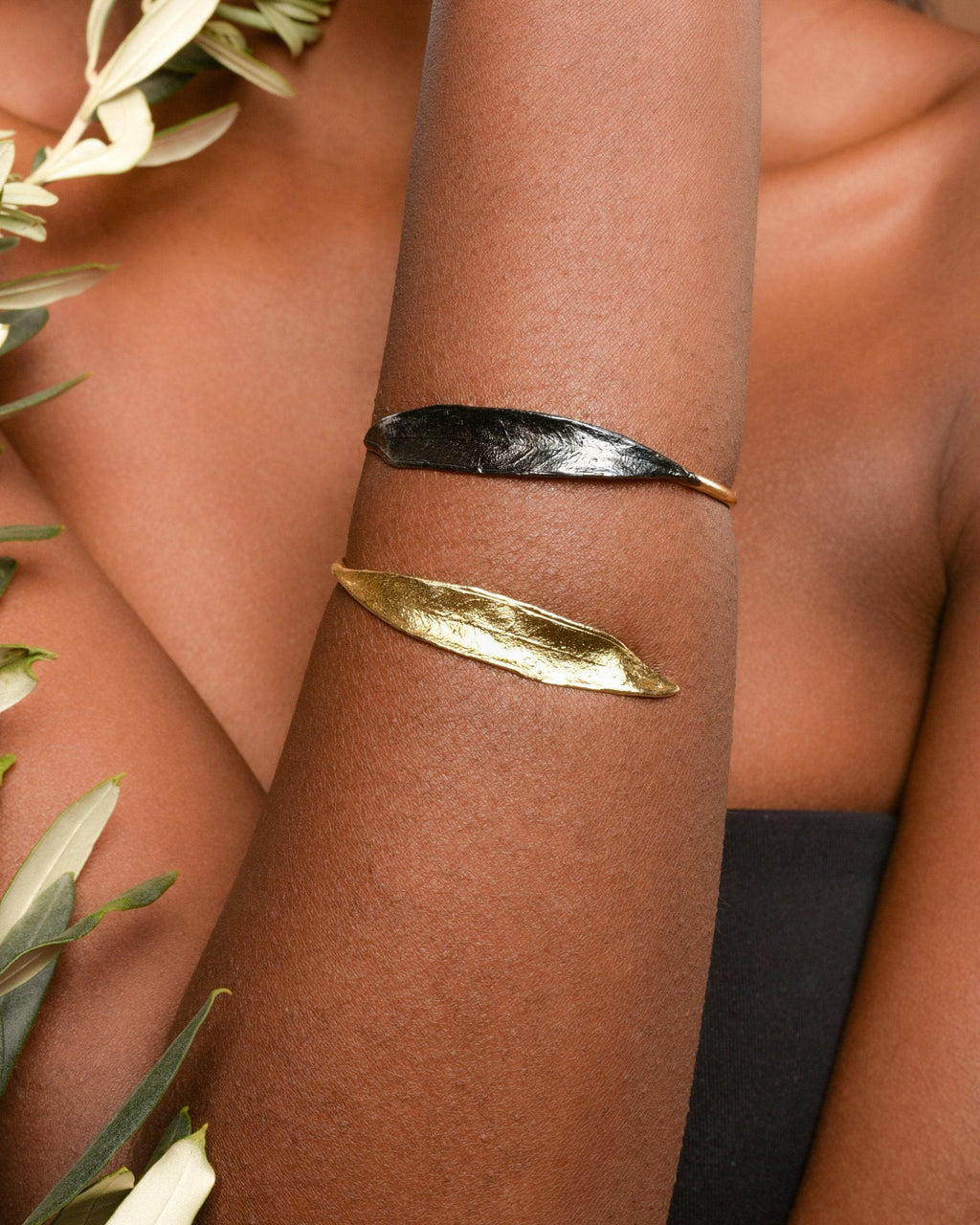 Real Olive Leaf Gold Bracelet, Handmade Nature Inspired Jewelry, Organic Forest Cuff, Gift for Victory & Health, Sterling Silver 925-0