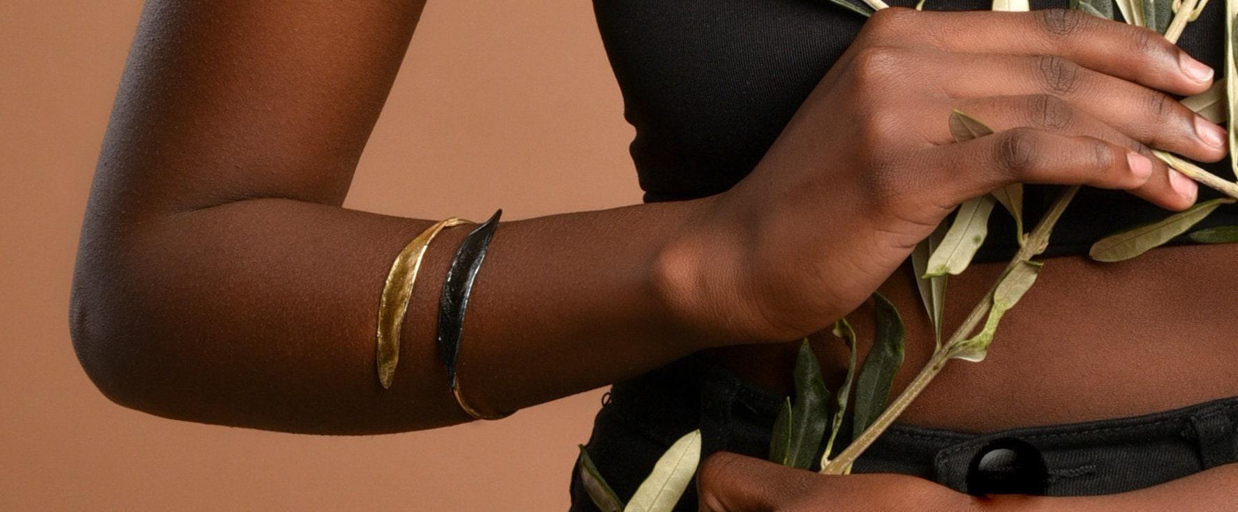 Real Olive Leaf Gold Bracelet, Handmade Nature Inspired Jewelry, Organic Forest Cuff, Gift for Victory & Health, Sterling Silver 925-2