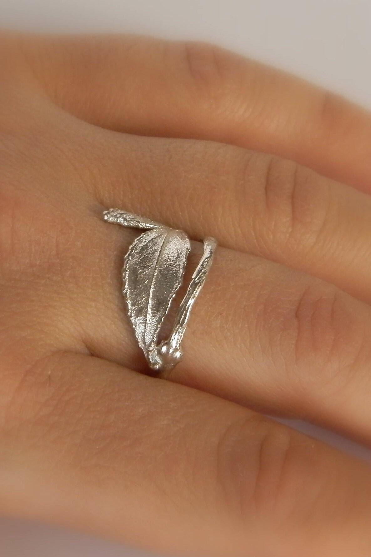 Real Rose Leaf Silver Ring, Handmade Nature Jewelry, Organic Forest Band, Gift for Passion & Health, Eco Sustainable Sterling Silver 925-0